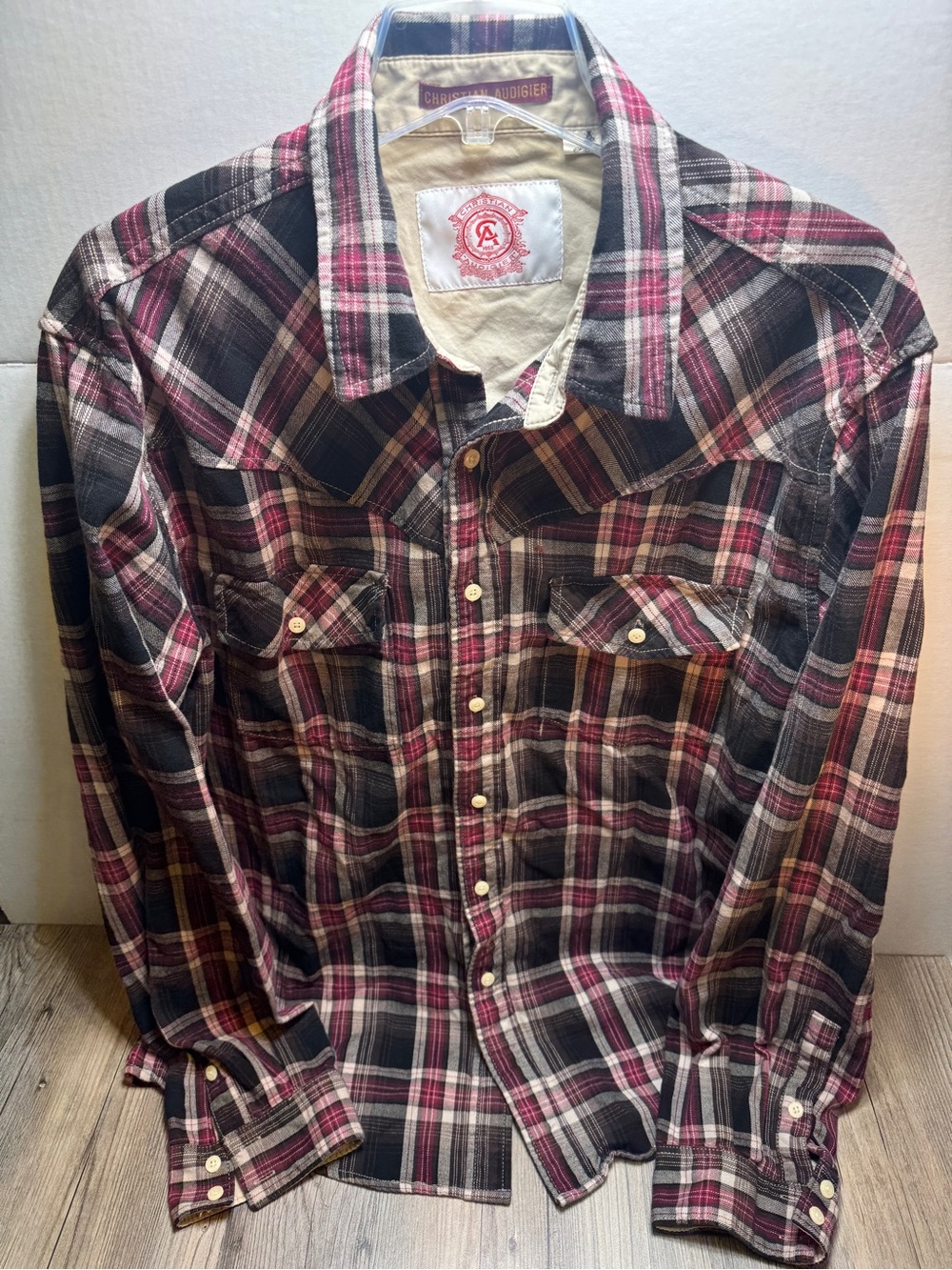 Christian Audigier Flannel Shirt Men’s Size XXL Plaid Long Sleeve Red Button Up